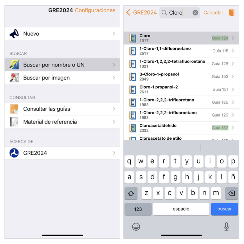 Screenshots de buscar e ingresar 'Cloro' en la App de la GRE