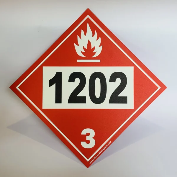 Foto frontal de cartel clase 3 con ejemplo de UN 1202