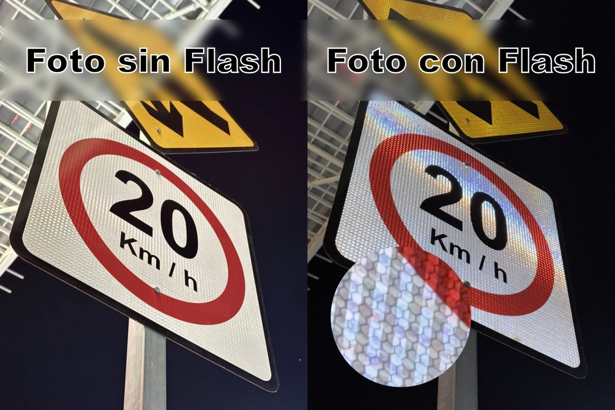 Foto de comparación de señales viales, con y sin flash