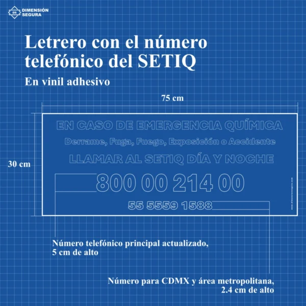 Dibujo industrial con las medidas del letrero con el número del SETIQ