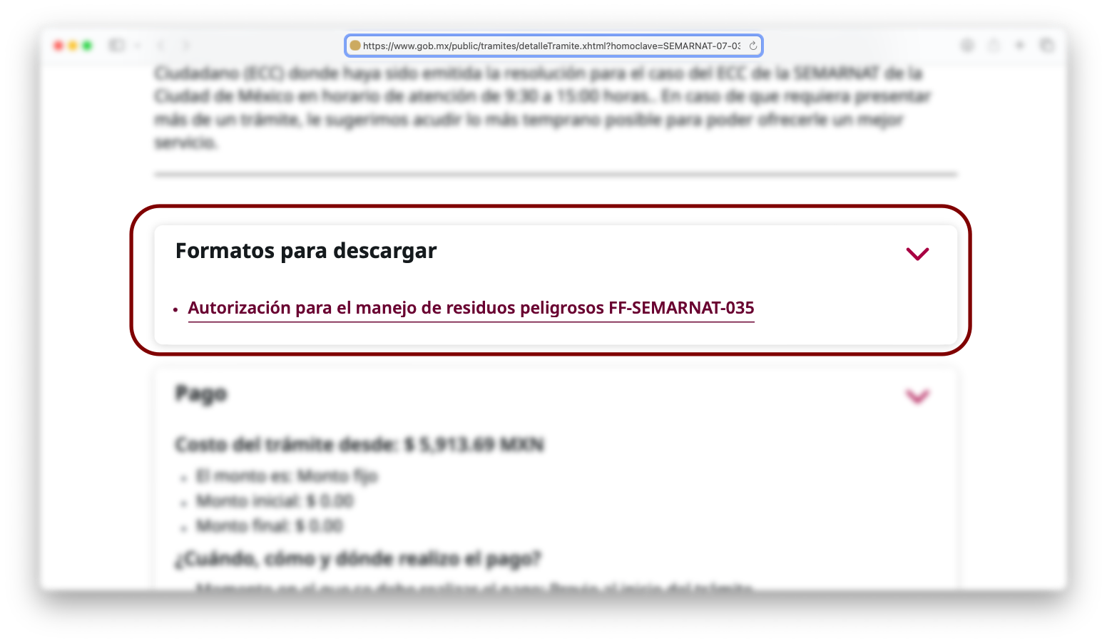 Enlace para descargar formato dentro de página de SEMARNAT