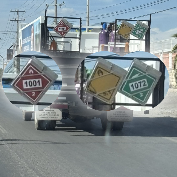 Foto de camión (de la semana pasada) que transporta oxígeno UN1072 y acetileno UN1001, con zoom