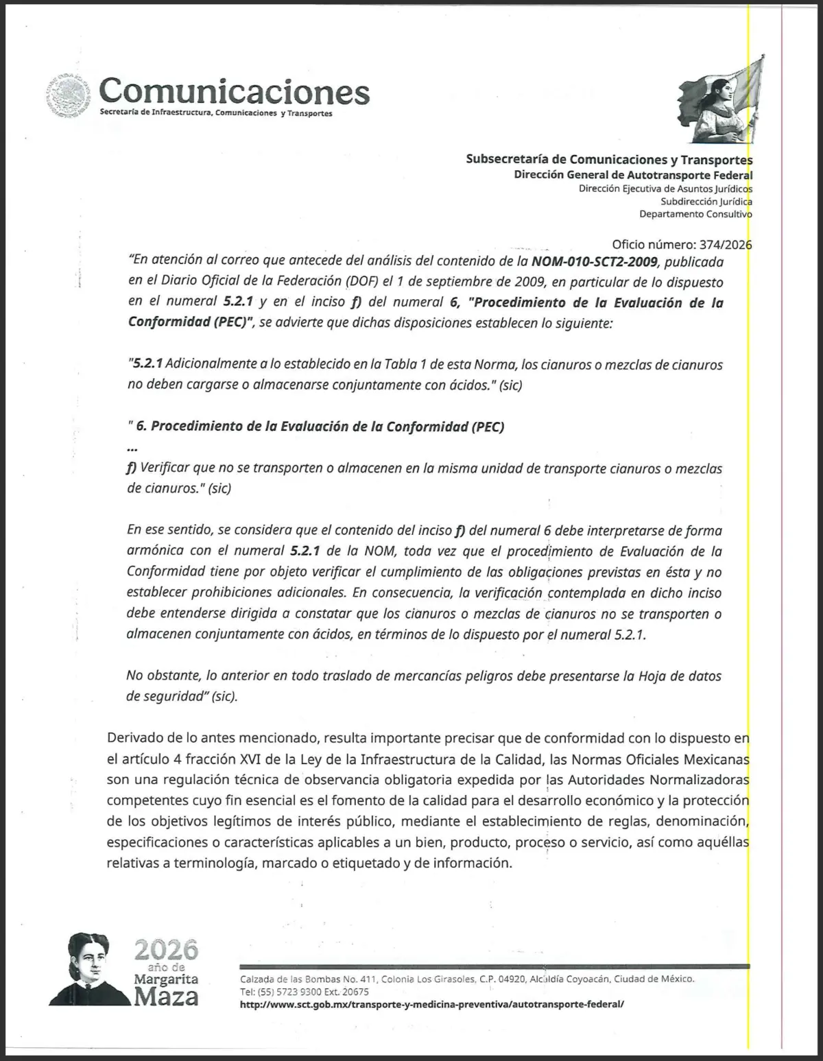 Captura de pantalla de la página 3/6 del oficio 374/2026 de la SICT