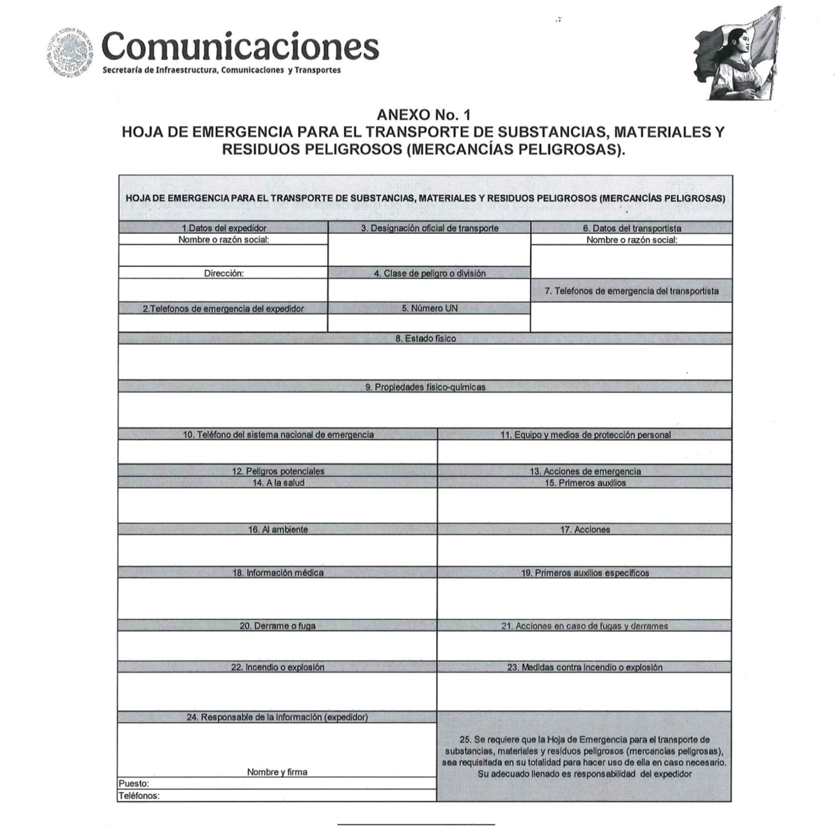 Estructura de la Hoja de Emergencia según la nueva norma PROY-NOM-005-SICT2-2026