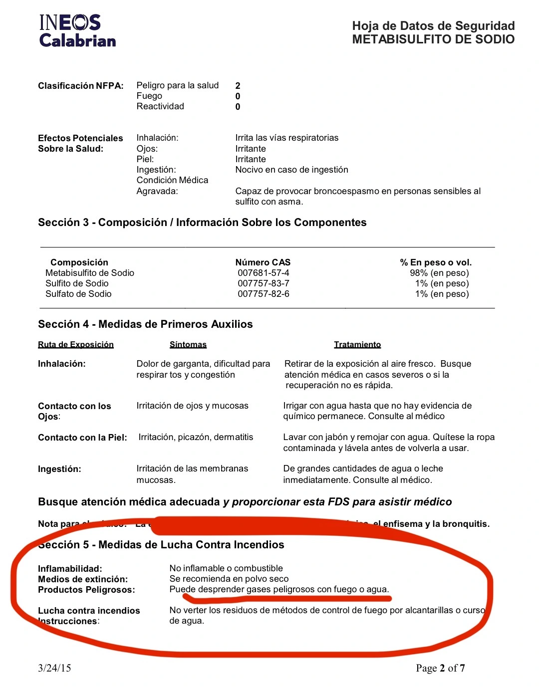 Extracto de HDS de metabisulfito de sodio, de INEOS
