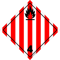 Clase 4.1 - Cartel blanco con siete franjas rojas con símbolo de flama